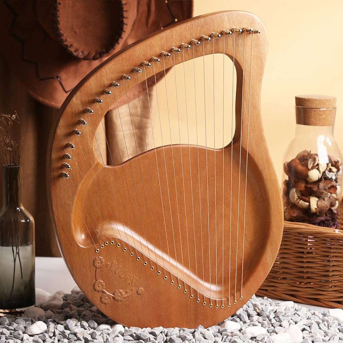 WowZza 24 String Lyre Mahogany with Carry Bag, Tuning Wrench Strings, for Beginners, Kids, Adults/Yellow