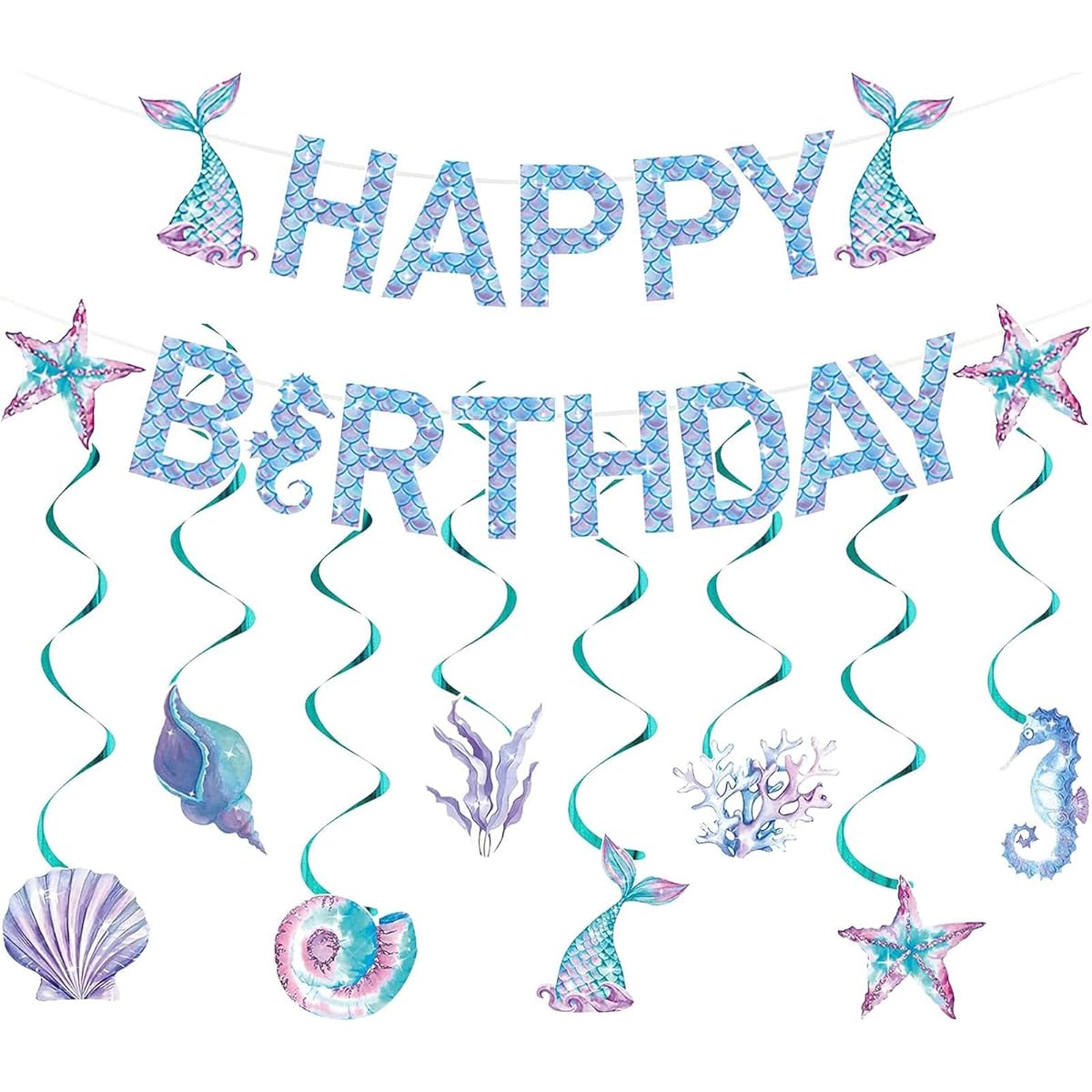 Mermaid Birthday Banner Mermaid Birthday Decorations Happy Birthday Banner Hanging Swirl Pattern for Girls and Boys Baby Shower Under the Sea Party Supplies