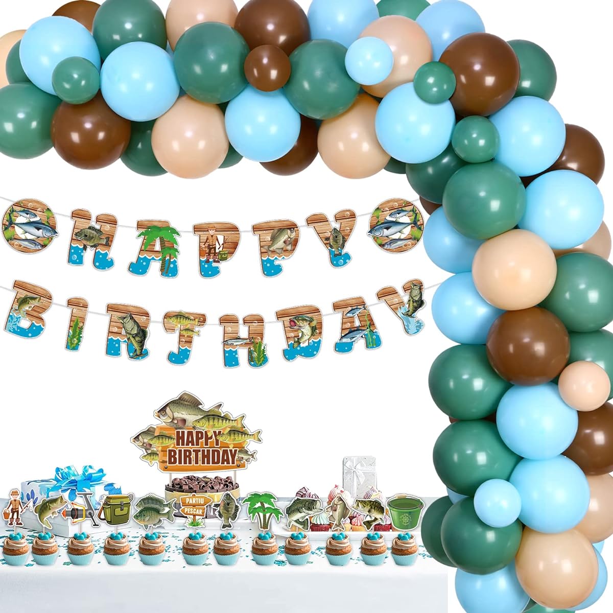 Fishing Theme Birthday Decorations Balloon Garland Kit Fisherman Birthday Party Decorations Fish Happy Birthday Banner Fishing Theme Birthday Cake Cupcake Toppers for Adult Birthday