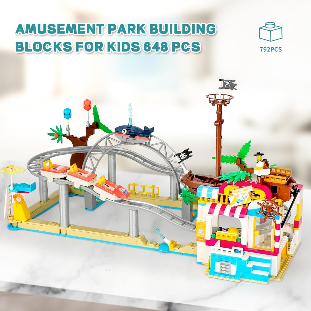 QLT QIAOLETONG Friends Roller Coaster Amusement Park Building Set Compatible with Lego Theme Park Building Kit with Roller Coaster & Pirate Ship Water Park Carnival Building Toys (648 Pieces)