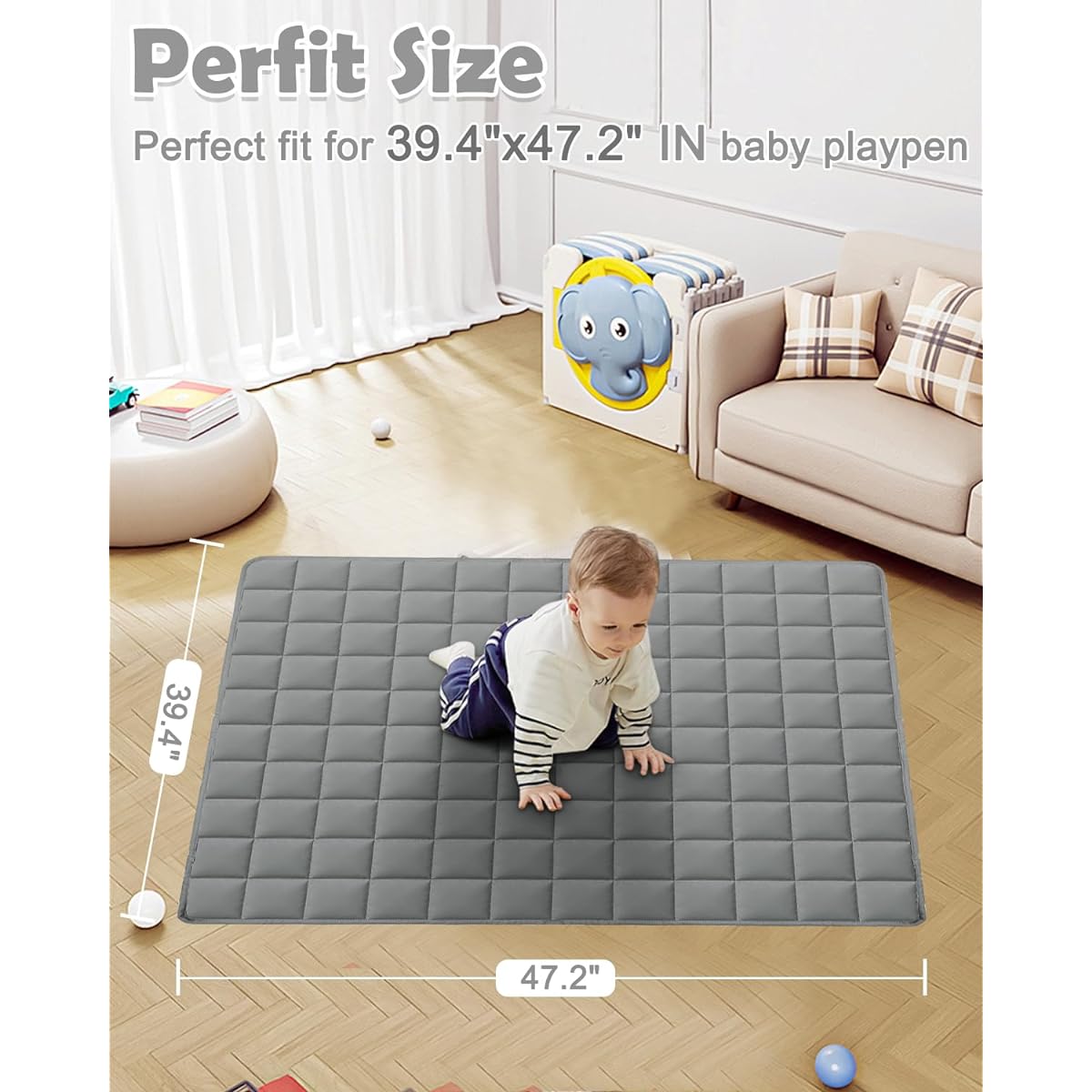 Amcomfort Baby Play Gym Mat, Flexible Leather Padded Quilted Crawling Mat Portable Waterproof Toddler Floor Mat Belly Play Mat (Grey, 39.5"x47.2")