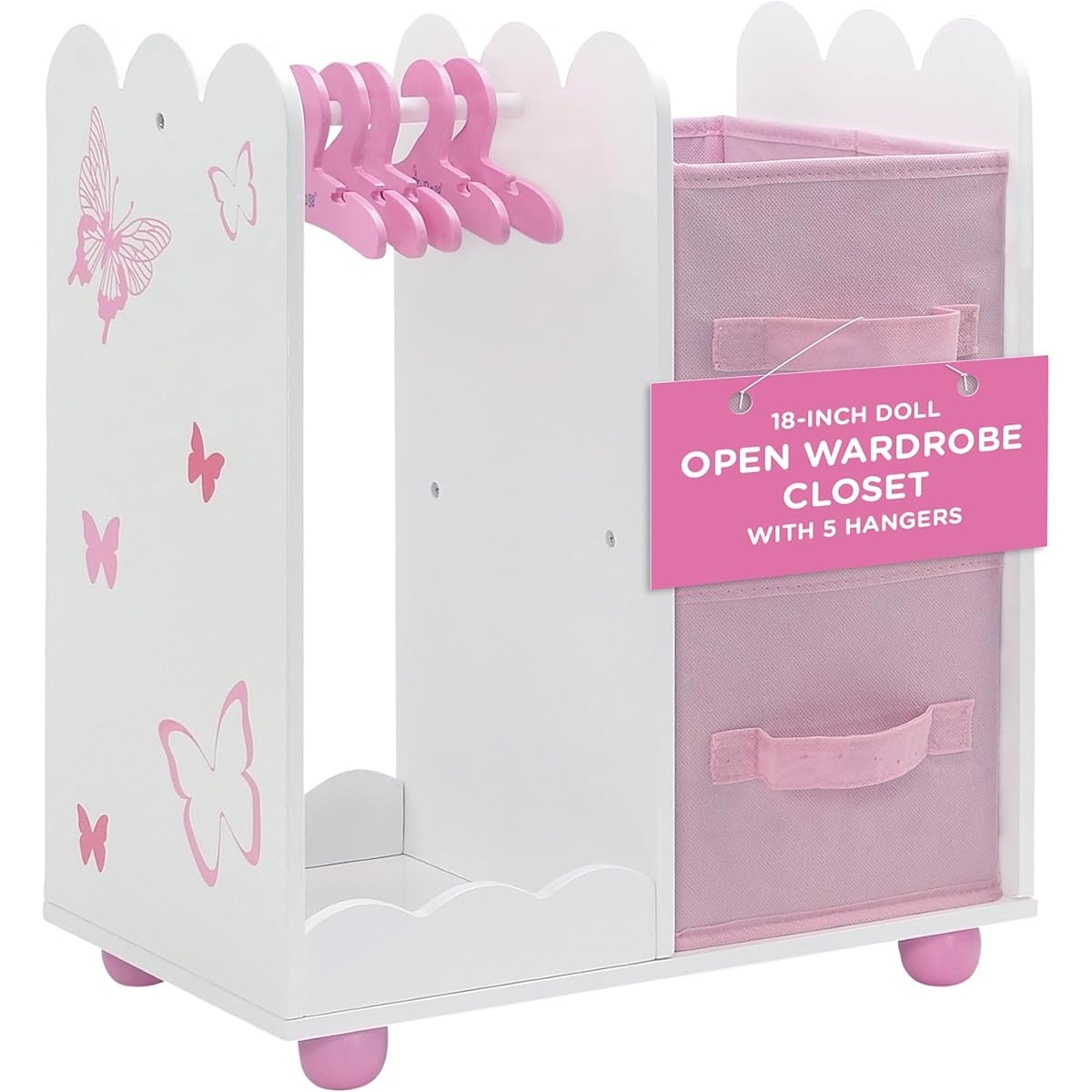 18 Inch Doll Furniture | Beautiful Pink and White Open Wardrobe Closet with Butterfly Detail Comes with 5 Doll Clothes