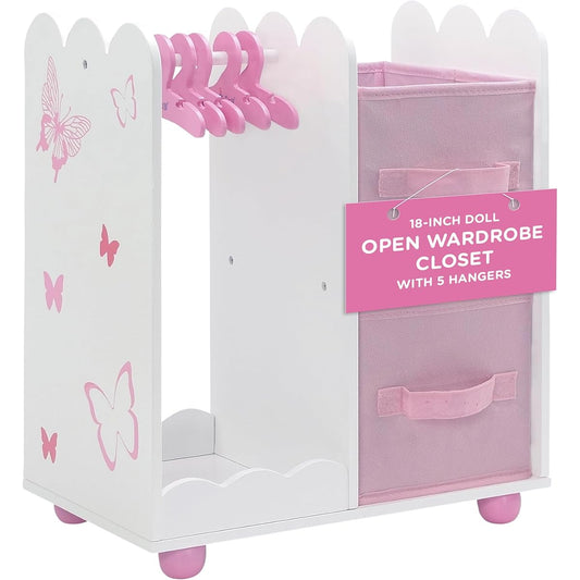 18 Inch Doll Furniture | Beautiful Pink and White Open Wardrobe Closet with Butterfly Detail Comes with 5 Doll Clothes