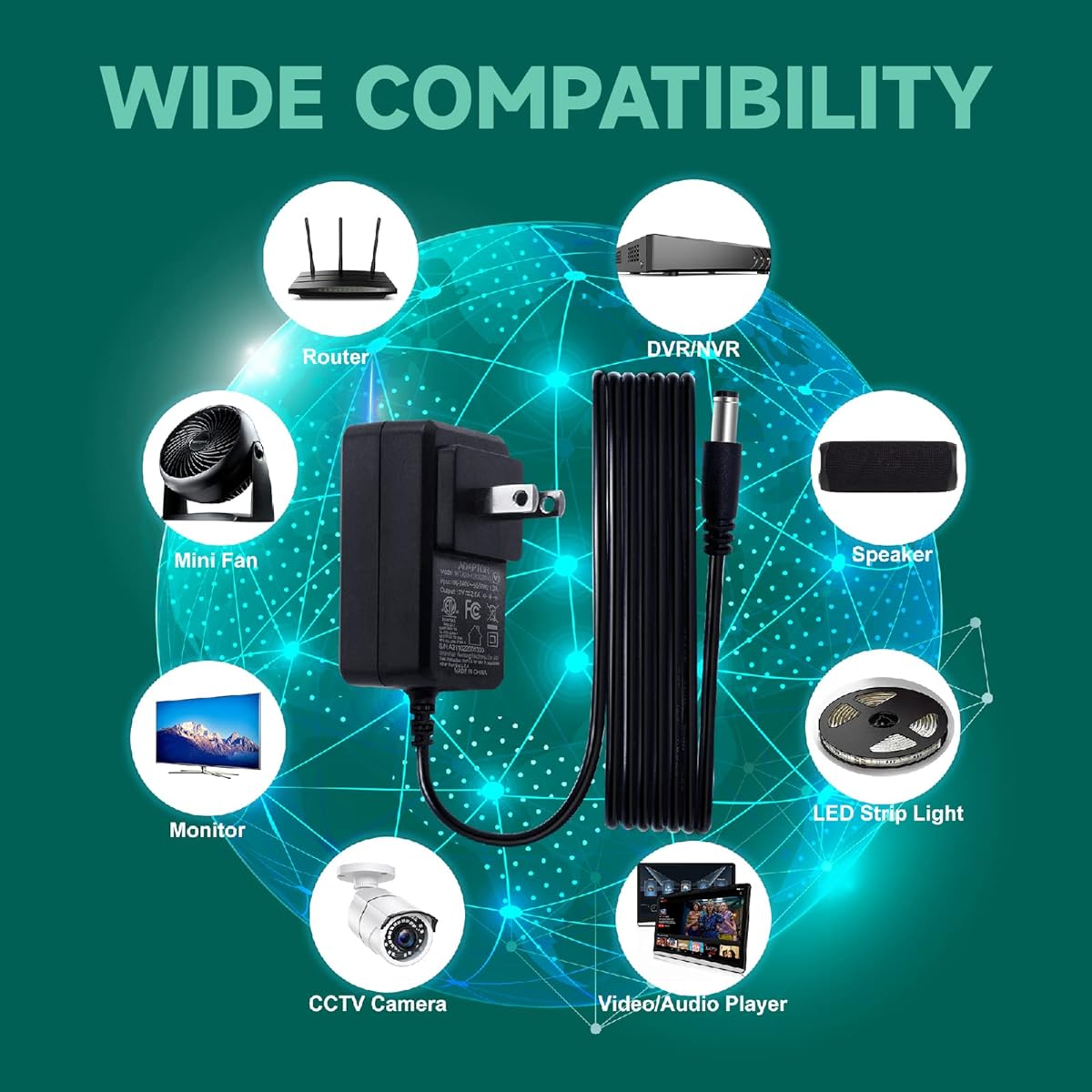 2 Pack 12V 2A 24W Power Adapter AC DC Switching Adapter (Input 100-240V Output 12V 2Amp 2000mA) Wall Mount Transformer Charger Plug with 3 Replaceable Adapter Jacks ETL Certified