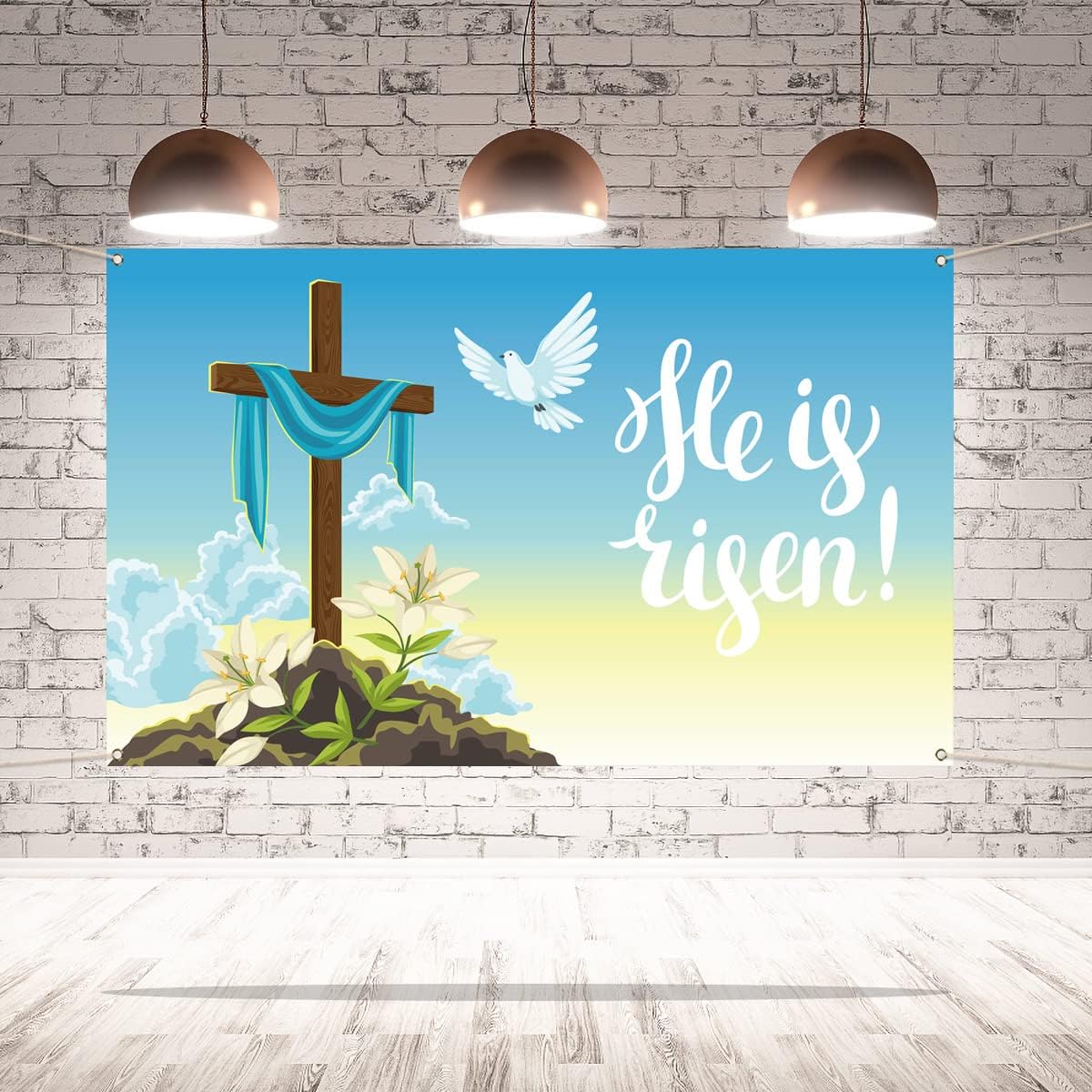 Pudodo He is Risen Backdrop Banner Easter Christian Cross Lily Religious Holiday Party Photography Background Wall Decor(3.6x17.8ft)