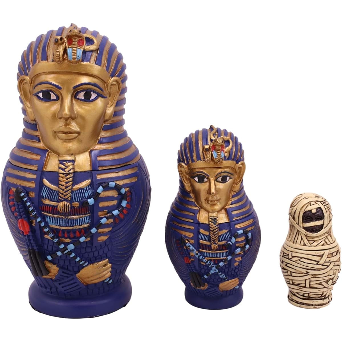 Ebros 3 Piece Set Ancient Egyptian Pharaoh King Tutu Sarcophagus Coffin Mummy Nesting Doll Matroishka Figure 6" Tall Egyptian God Ancient Artifact Replica Sculpture