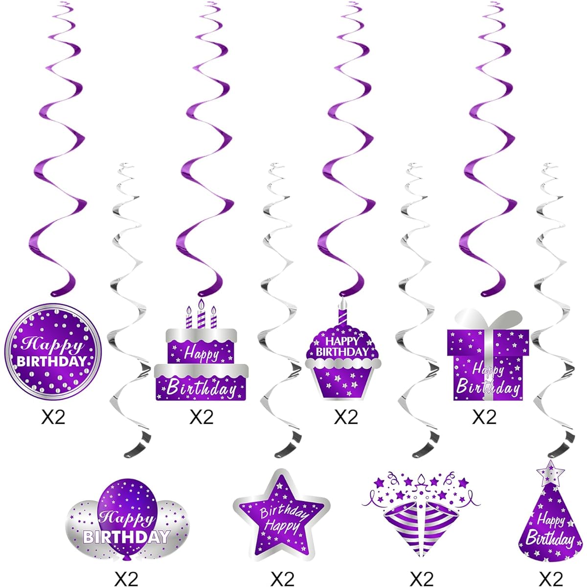 30pcs Purple Silver Happy Birthday Decorations Hanging Swirls Party Supplies Happy Birthday Foil Swirls Decor for Women Girls 10th 16th 18th 21st 30th 40th 50th 60th Ceiling Swirl Signs
