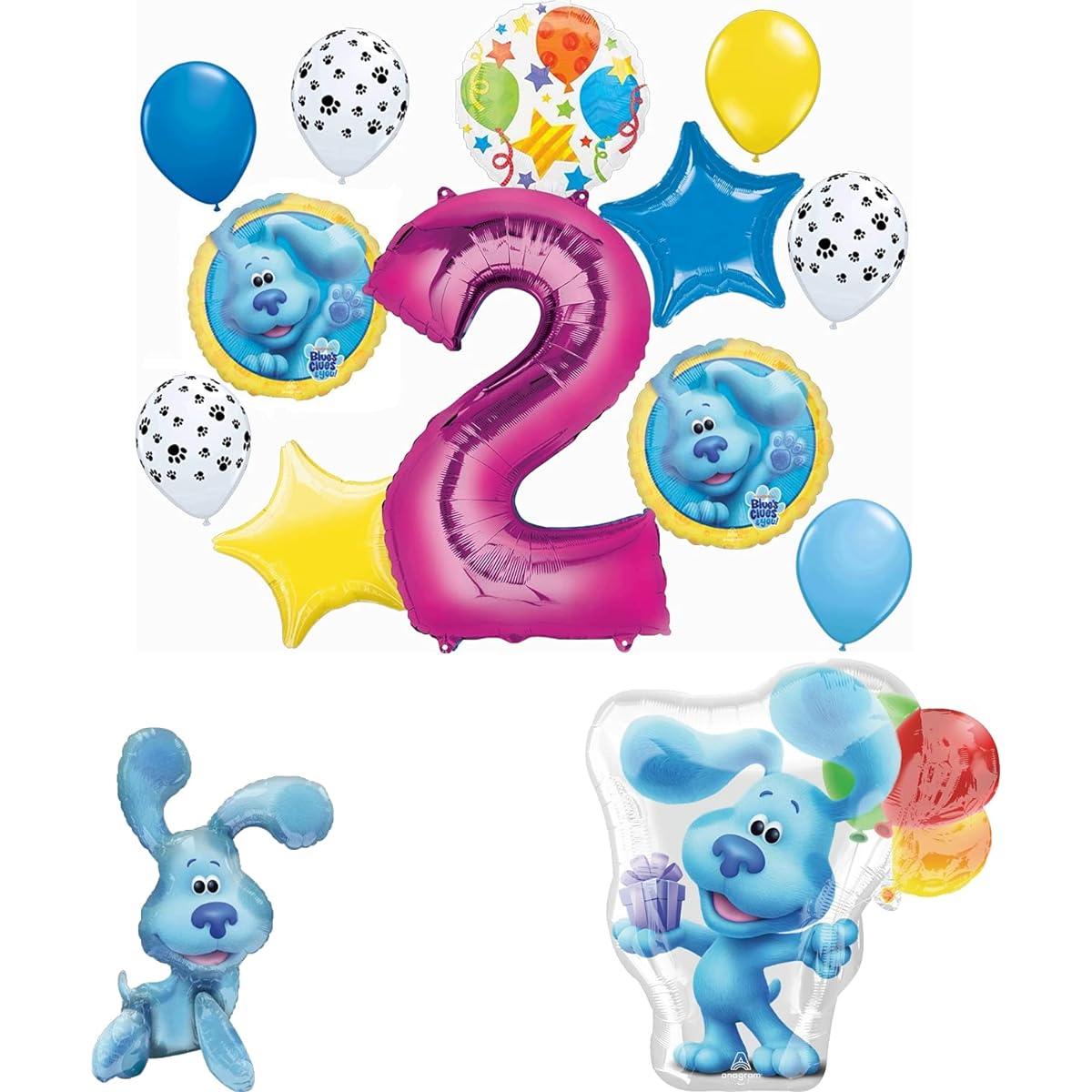 Blue's Clues 2nd Birthday Party Supplies Blue the Dog Table Topper Balloon Bouquet Decoration Pink Number 2