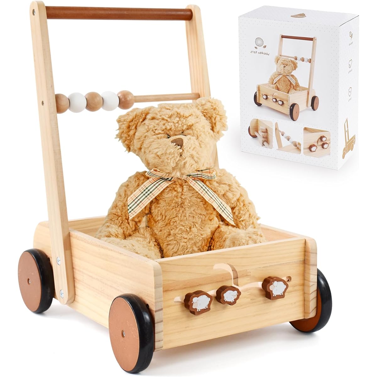 PairPear Wooden Baby Walker Push Toy Adjustable Speed Natural Wooden Push Walker for Babies Learning to Walk Toddler Push & Pull Toy for Babies Girls Boys 1-2 Years Old