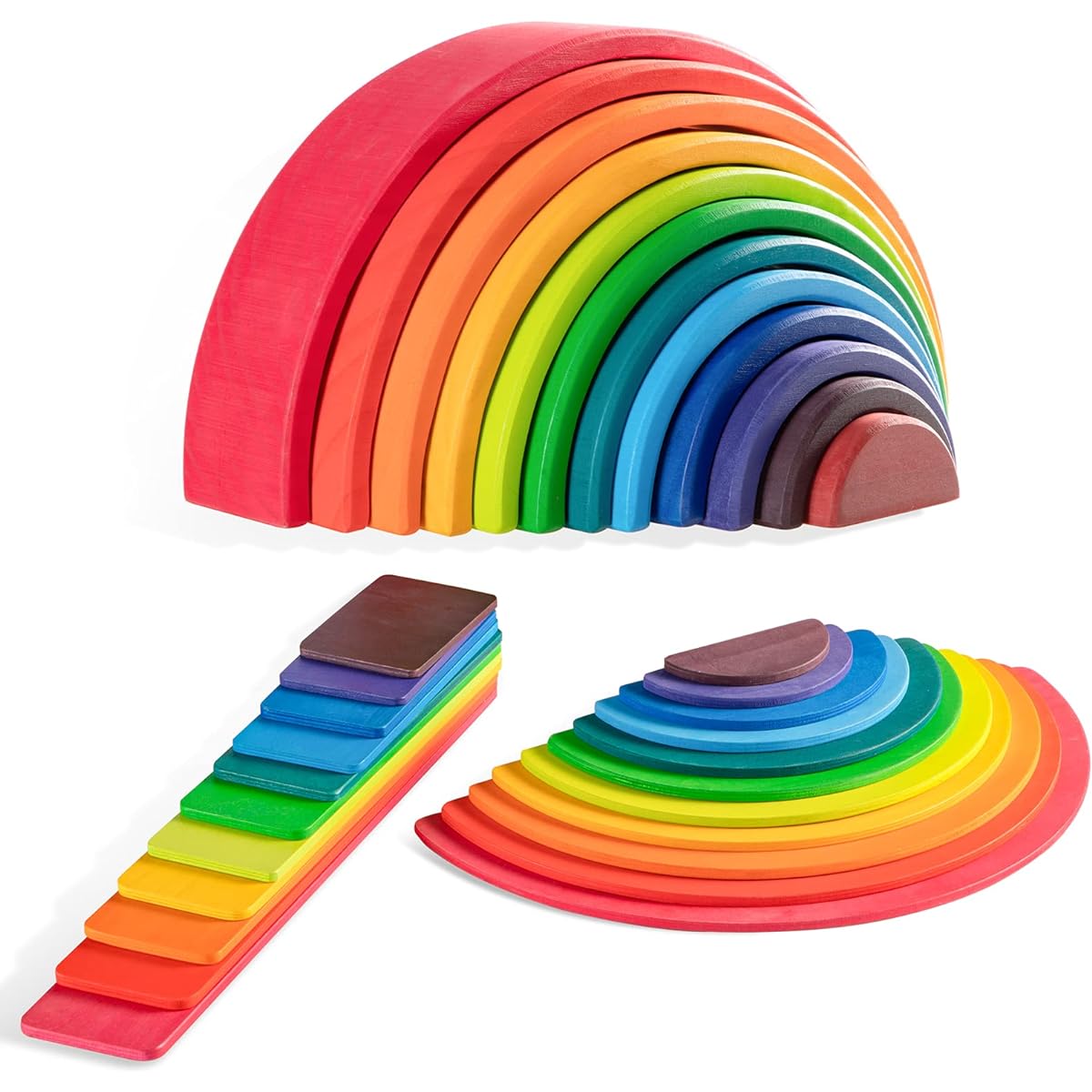 MERRYHEART Wooden Rainbow Stacker Set - Includes Rainbow Stacker, Semicircle and Building Board - Waldorf Wooden Open End Stacking Toy - Great Gift (A-Rainbow-3 Pack)