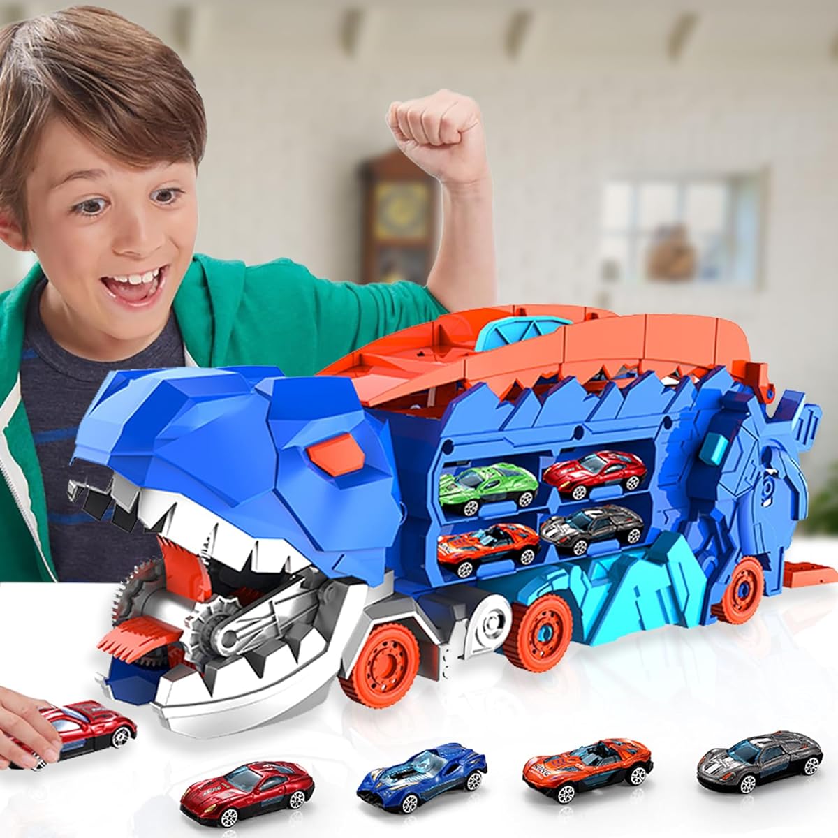 Dufuntotoys City Dinosaur Ultimate Hauler Truck Toy, Transform into Stomping T-Rex on Race Truck, Ultimate Transporter Hauler, Toddler Toy, Gift for 3 4 5 6 Year Old Kids