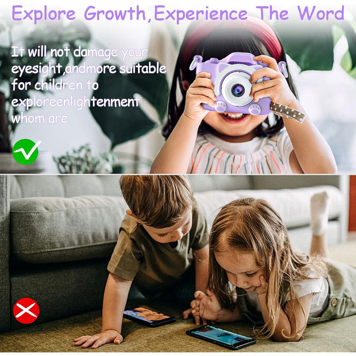 Kids Camera for Girls/Boys 3-9 Years Old Toys for Girls/Boys Christmas Birthday Gifts for 6-9 Years Old Girls/Boys Kids Digital Dual Camera Selfie Camera for Kids 32GB Memory Card (Purple)