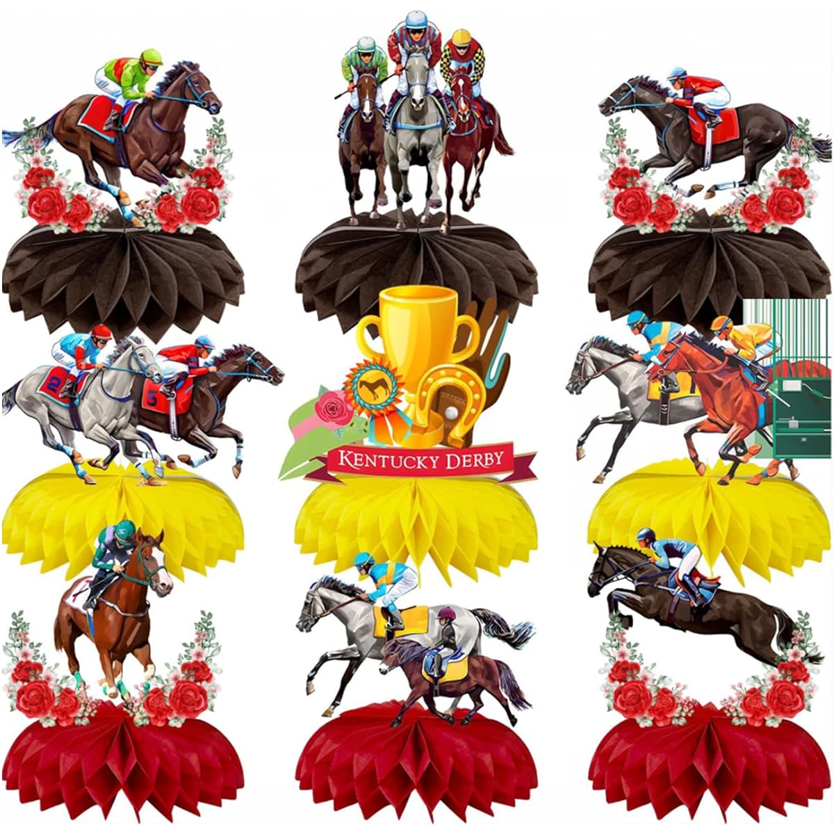 Kentucky Derby Party Honeycomb Centerpieces Talk Derby and Me Horse Racing Table Centerpieces Churchill Downs Horse Racing Rose Party Decorations (9 Pieces)