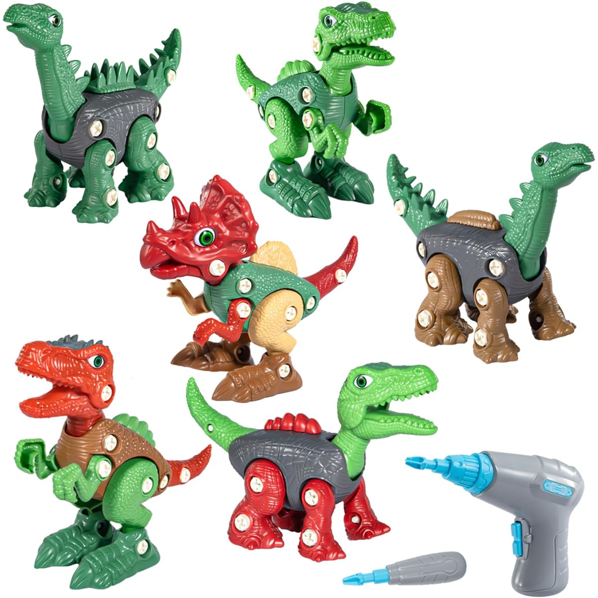 6 Pack Take Apart Dinosaur Toys for 3-5-7 Year Old Kids, Educational Construction Toys with Power Drill, Toddler Tyrannosaurus Triceratops Play Set, Motor Skills Toys, Gifts for Boys and Girls