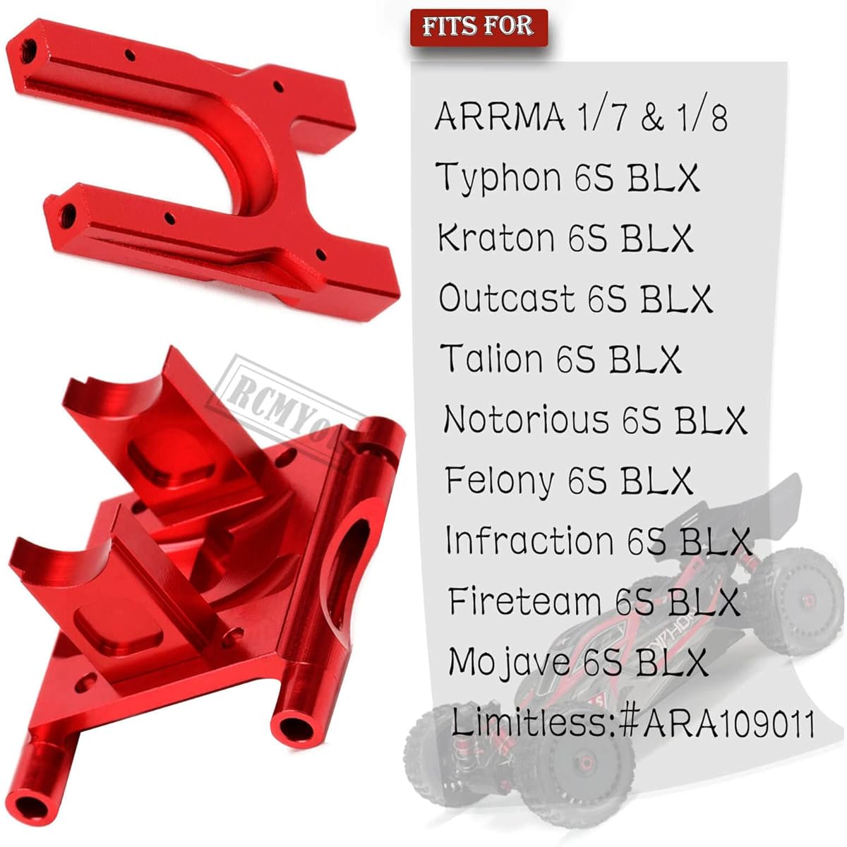 RCMYou Aluminum Center Differential Mount & Differential Cover Mount Upgrade Parts ARRMA 1/8 Typhon/Kraton/Notorious/Outcast/Talion 6S BLX, 1/7 Felony/Mojave/Fireteam/Infraction 6S BLX, Red