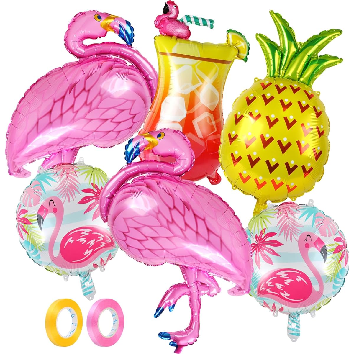 Aunifun Flamingo Party Balloons Supplies, Hawaiian Party Decorations Balloons Pink Flamingo Tropical Pineapple Drinking Cups for Summer Beach Birthday Party Decorations with Balloon Ribbon, Pack of 6