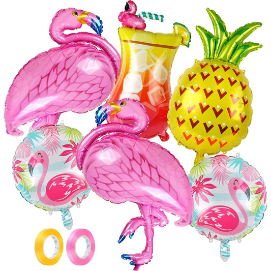 Aunifun Flamingo Party Balloons Supplies, Hawaiian Party Decorations Balloons Pink Flamingo Tropical Pineapple Drinking Cups for Summer Beach Birthday Party Decorations with Balloon Ribbon, Pack of 6