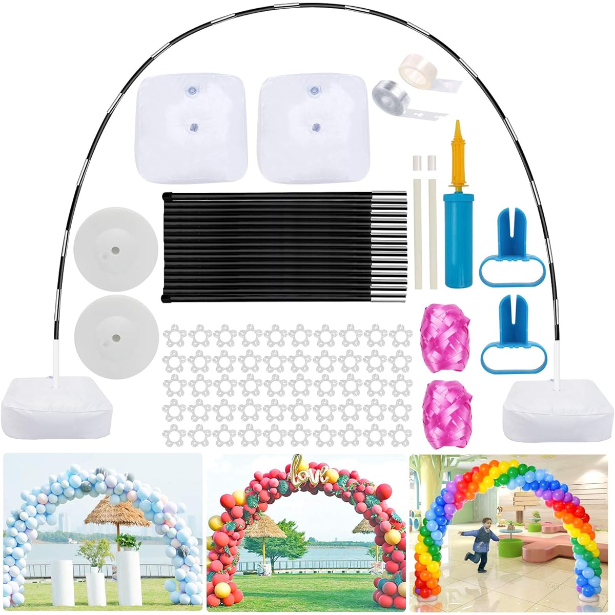 Hicdaw Floor Balloon Arch Kit, 9ft Tall 10ft Wide Balloon Garland Arch Kit, Adjustable Floor Balloon Arch Stand with Pump Water-Based Balloon Clip Knotter for Wedding Party Decorations (Floor) 80pcs