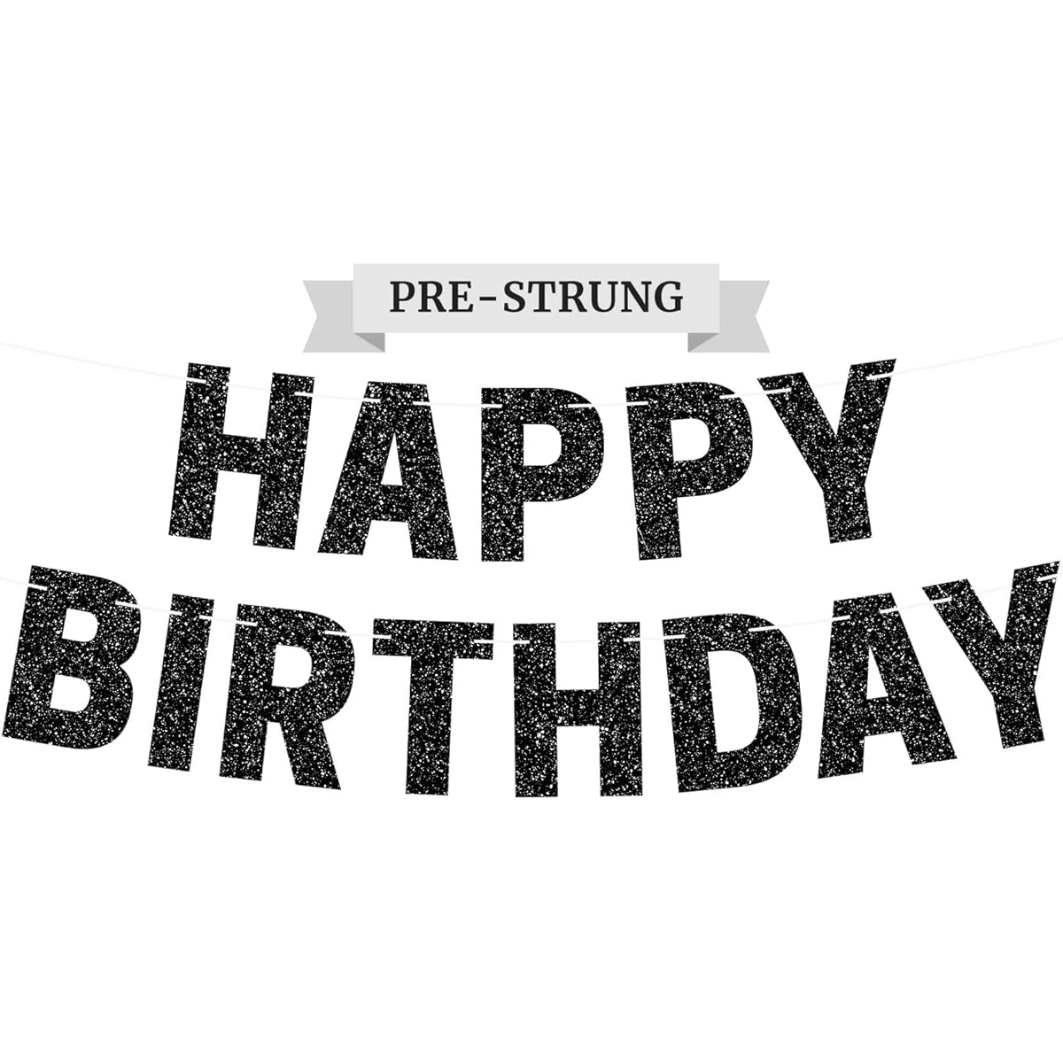 Happy Birthday Banner - No DIY Needed - Black Glitter Birthday Party Banner - Garland Strung on 8 Feet Strands - Black Birthday Party Decorations & Decorations for Men and Women Did we mention no DIY