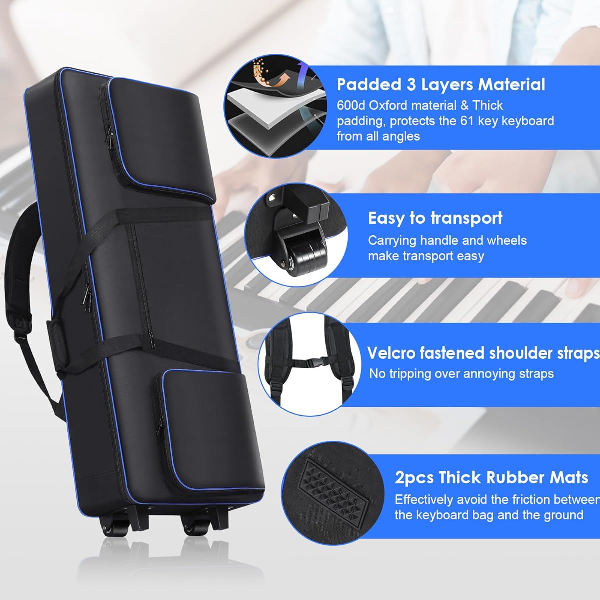 61 Key Keyboard Case with Wheels (Internal Size: 40.9" x 16.5" x 5.5") | 61 Key Keyboard Gig Bag Thick Padded Case | Includes 61 Key Keyboard Rolling Bag, Keyboard Case, Roller Bag, and 3 Pockets. , Black White