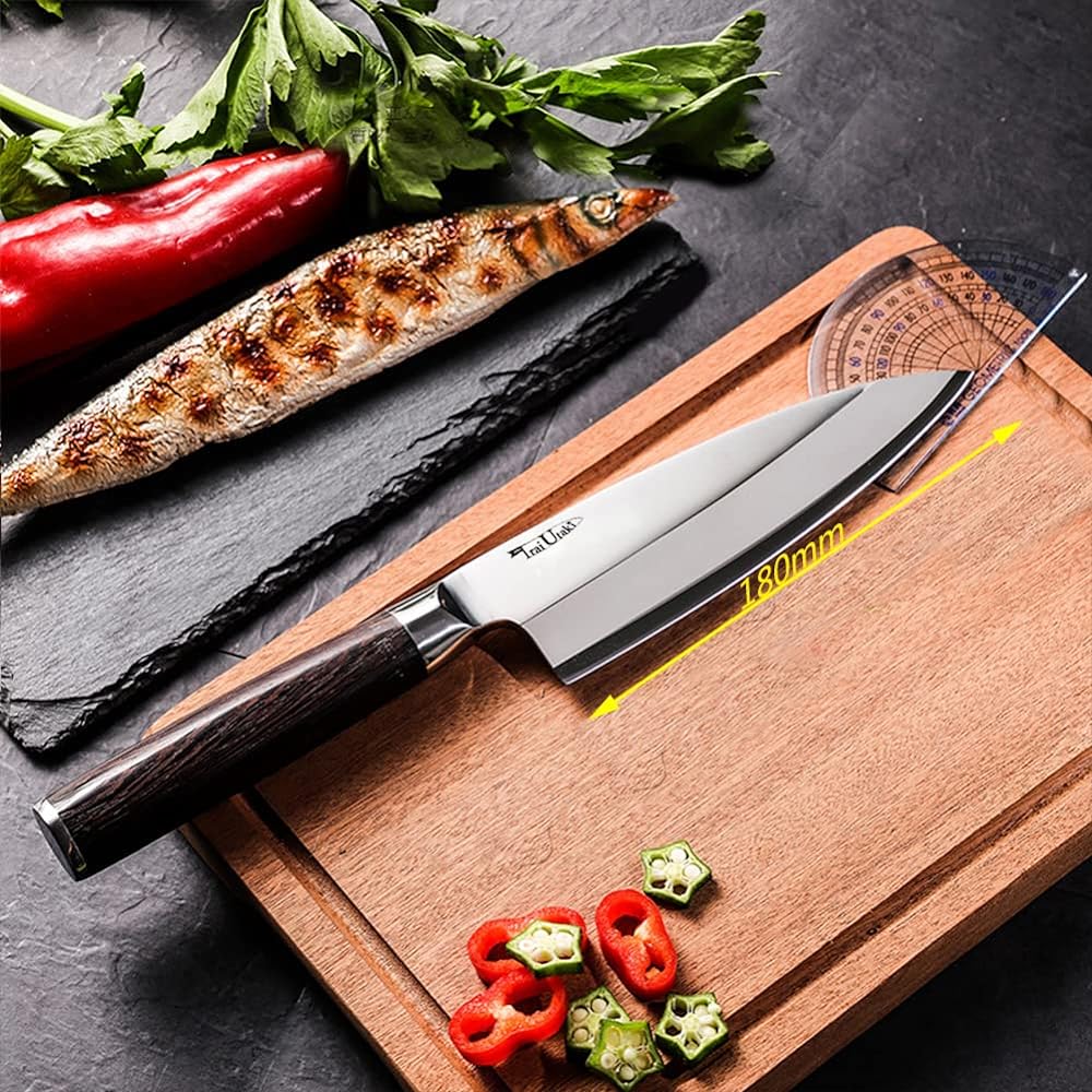 Irai Utaki Kitchen Knife, Fish Handling, Deba Knife, 180mm, Single Edge, Good Sharpness, German 4166 Steel Chef Knife, Fish Cutting, Cooking Knife, Natural Wood Handle, Makes Fish Handling and Measuring at Home Easier