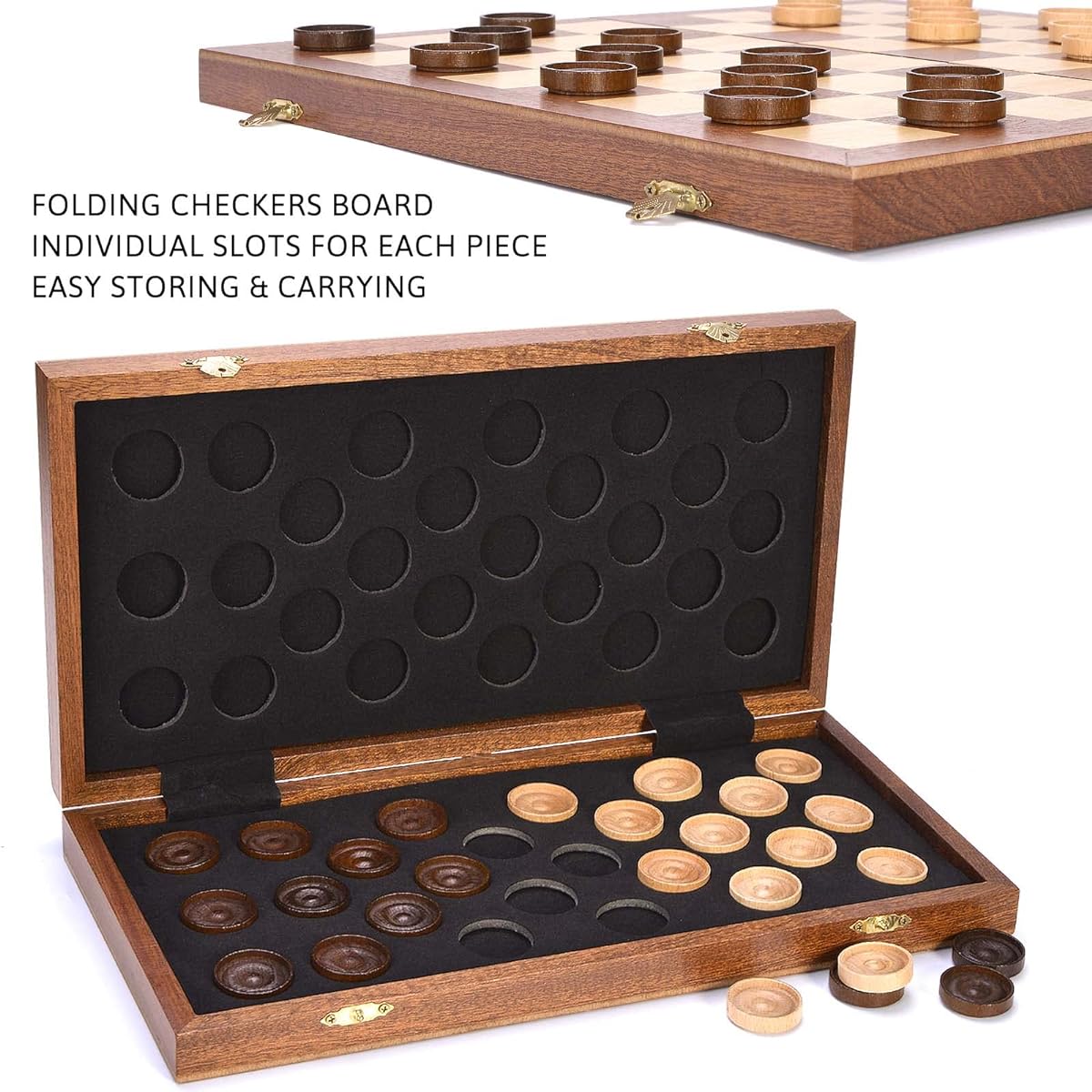 VAMSLOVE 14" Checkers Foldable Wooden Game Set 8x8 Classic Checkerboard International Checkers Drafts Board 64 Squares with Storage Slots (Instructions Included)