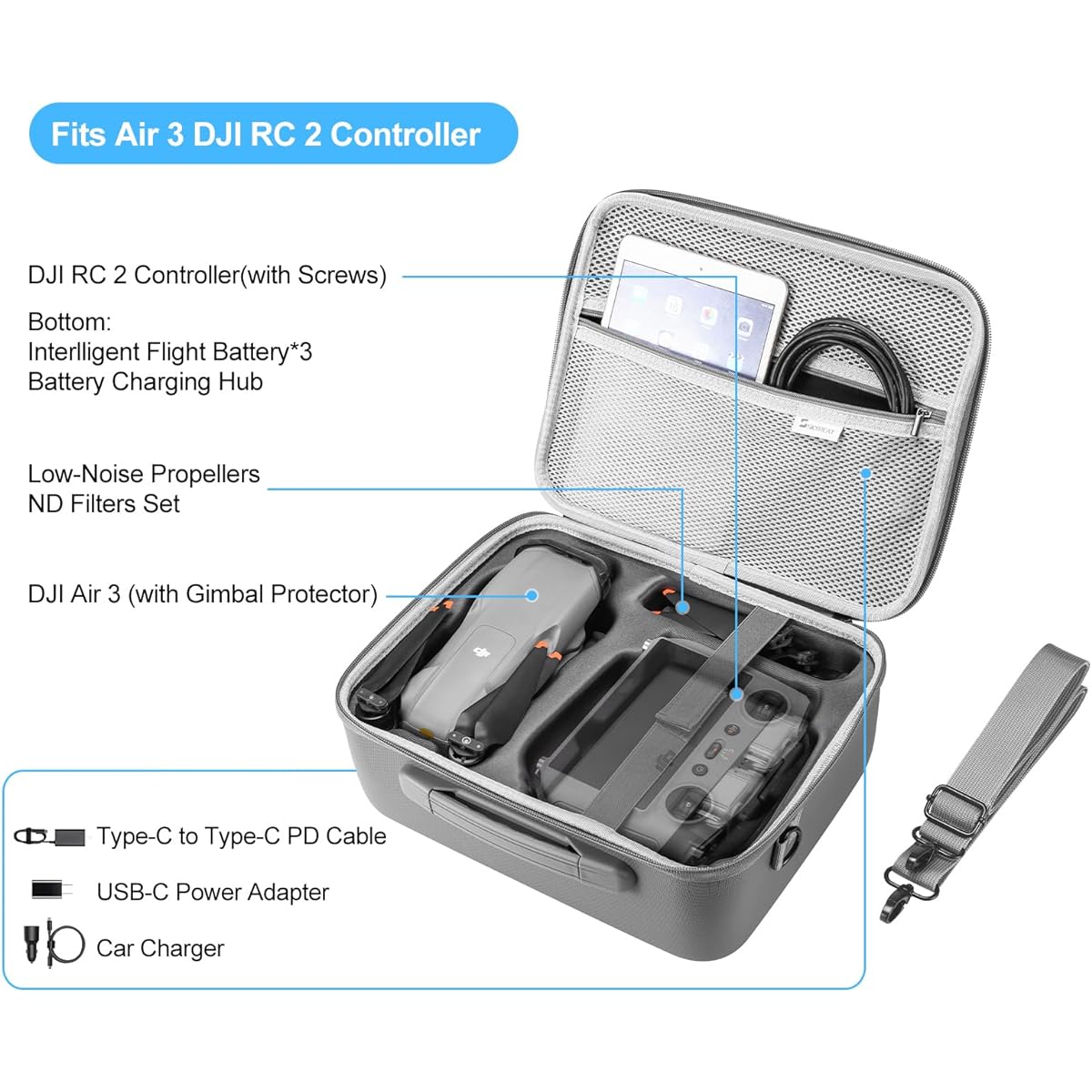 Skyreat Air 3 Case, Small Portable PU Leather Case for DJI Air 3 Fly More Combo Drone with DJ RC 2 Controller and Other Accessories