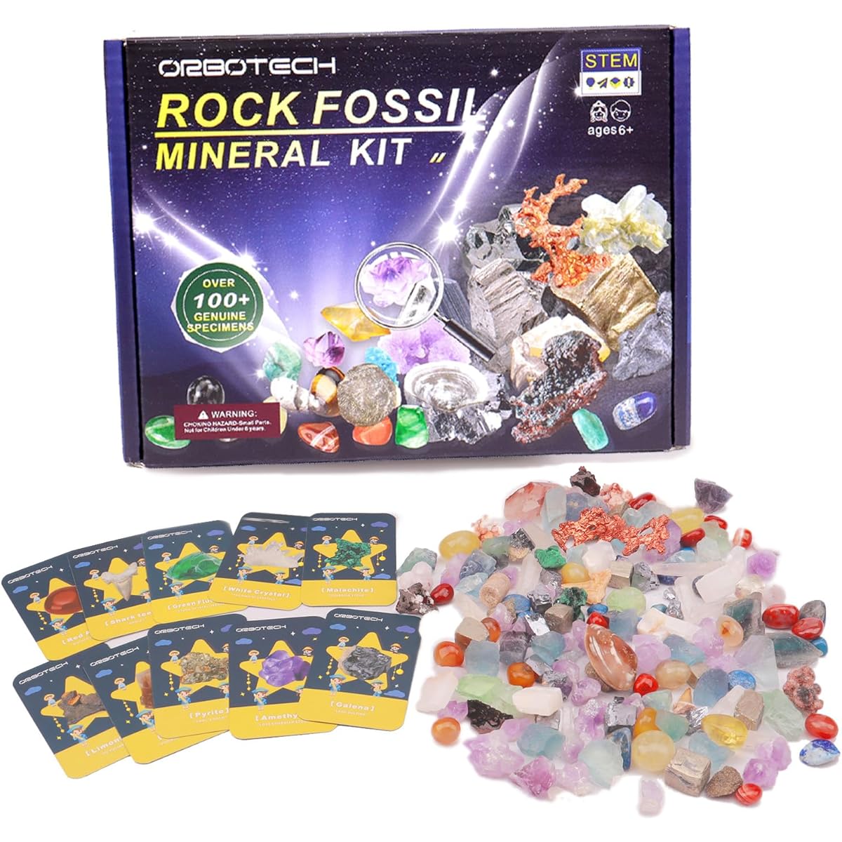 ORBOTECH Rocks and Fossils Kit - Natural Stones, Gems, Crystals, Real Fossils, Minerals, Geology, STEM Toys, Gifts for Boys and Girls, Ages 6+, Learning Earth Science