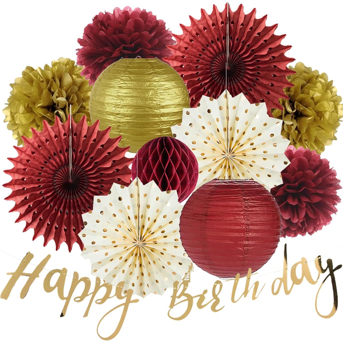 Burgundy Gold Birthday Party Decoration Maroon Gold Paper Lantern Happy Birthday Banner Paper Pom Pom Flower Ladies Burgundy Gold Birthday Fall Bridal Baby Shower Wedding Party Decoration