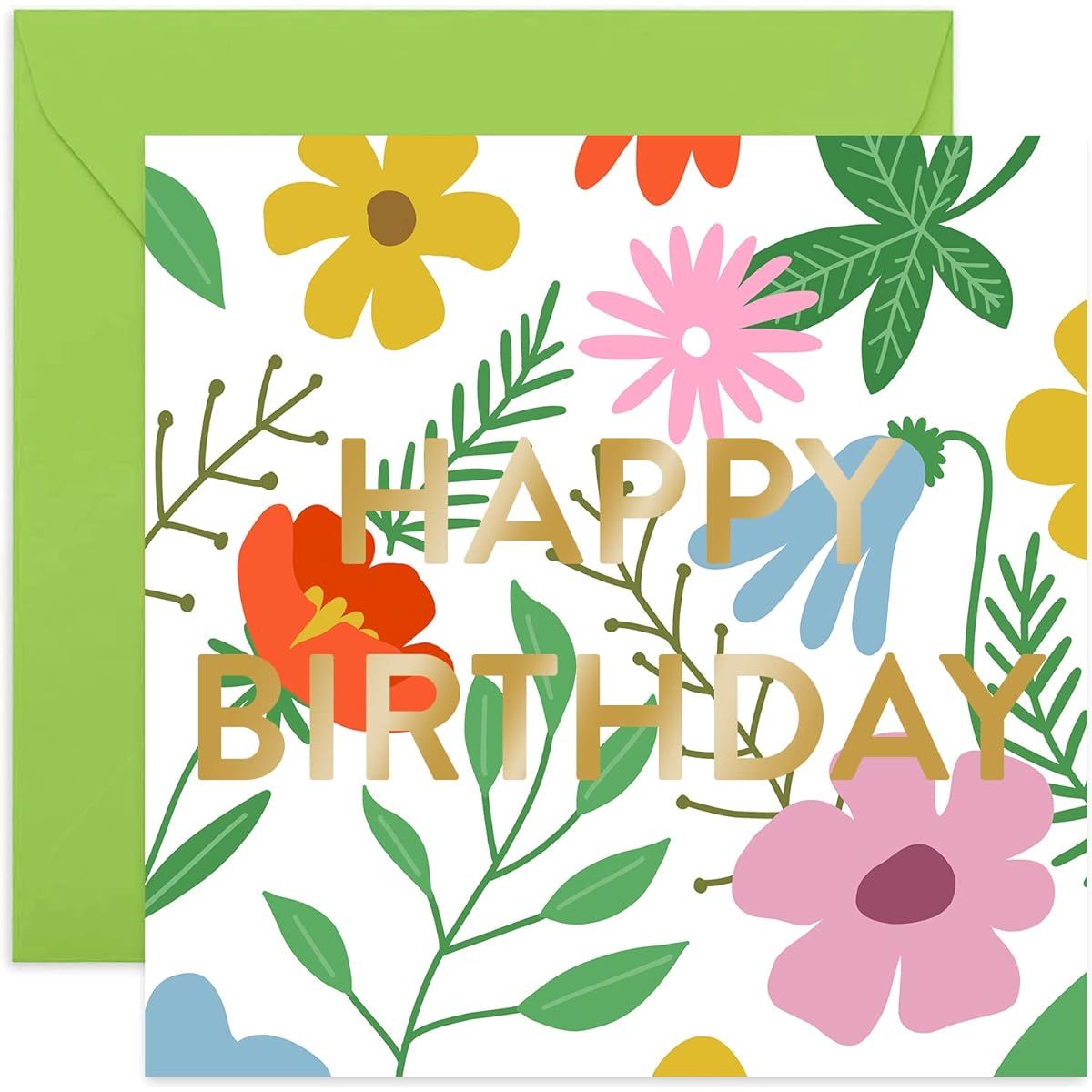 Old English Co. Wildflower Meadow Happy Birthday Card - Gold Foil Vibrant Green Leaves Greeting Card for Him or Her | Stylish for Friends and Family | Blank Inside & Envelope Included