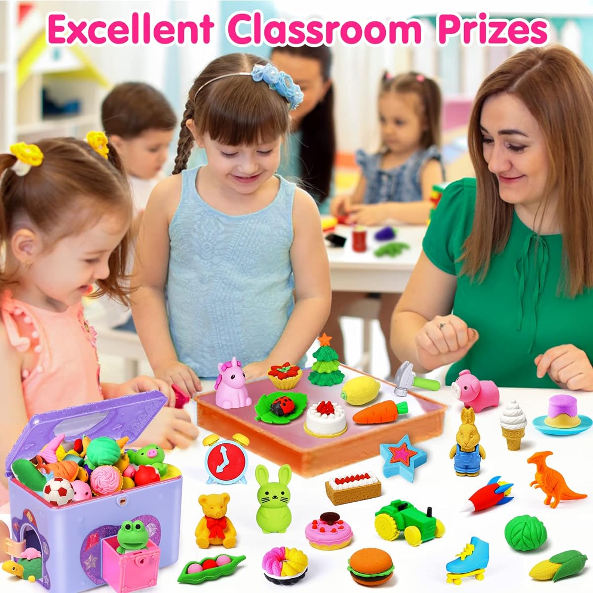 Arscniek 110 Pack Animal Erasers for Kids Bulk Cute Desk Pets Treasure Chest Toys Classroom Prizes Rewards Mini Pencil Erasers Disassemble Erasers Back to School Supplies Gifts for Boys/Girls