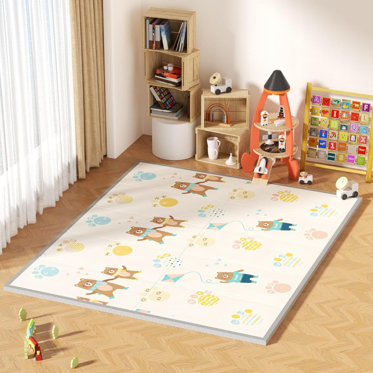 GruFini Baby Play Mat, Foldable, 200 x 180 x 2 cm, Thick, Safety Tested, Baby Mat, Waterproof, Soundproof, Baby Play Mat, Anti-Slip, Stylish, Baby, Baby Shower Gift, 1 Piece (200 x 180 x 2 cm, Bear + Deer)