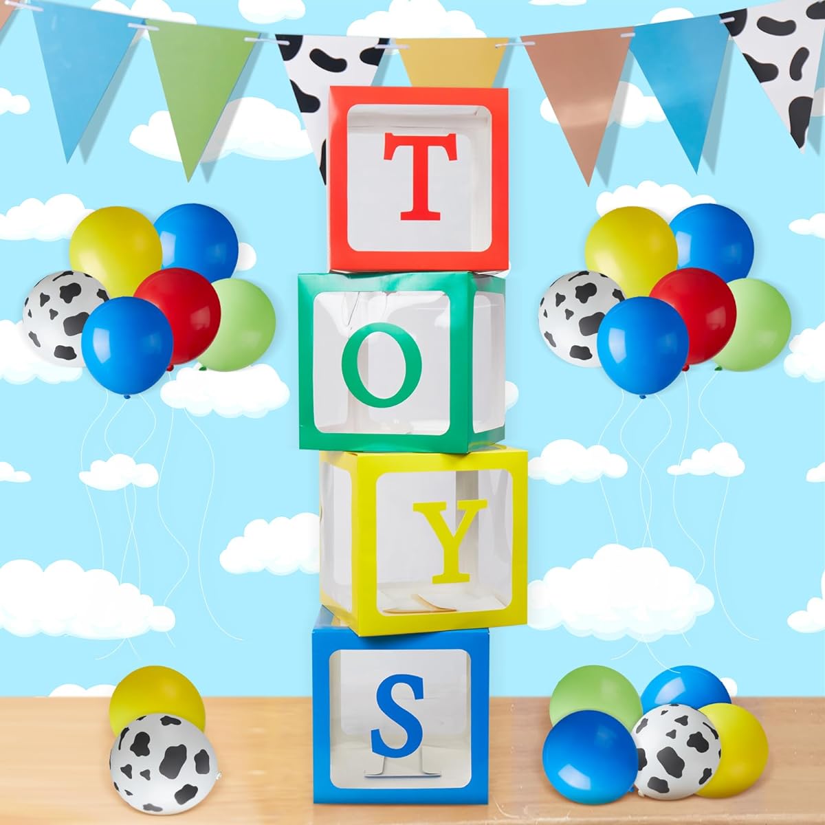 Gemscream Toy Theme Party Decorations Clear Balloon Box with 16pcs Funny Cow Print Balloons, Clear Box with Green Yellow Red Blue Balloons for Birthday Backdrop Party