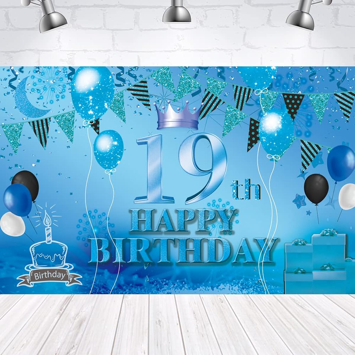 Happy 19th Birthday Backdrop Banner, Blue 19th Sign Poster, 19th Birthday Party Supplies, Anniversary Photo Booth Photography Background, Birthday Party Decorations, 72.8 x 43.3 Inch