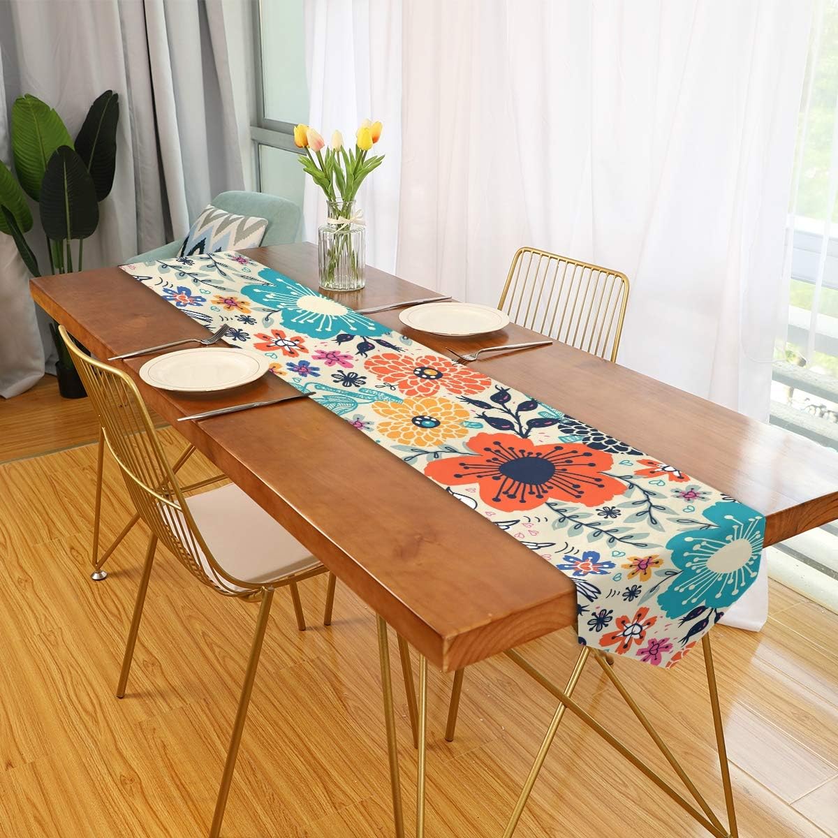 Aflyko Spring Flowers Table Runner Dining Table Decor 13" x 90"
