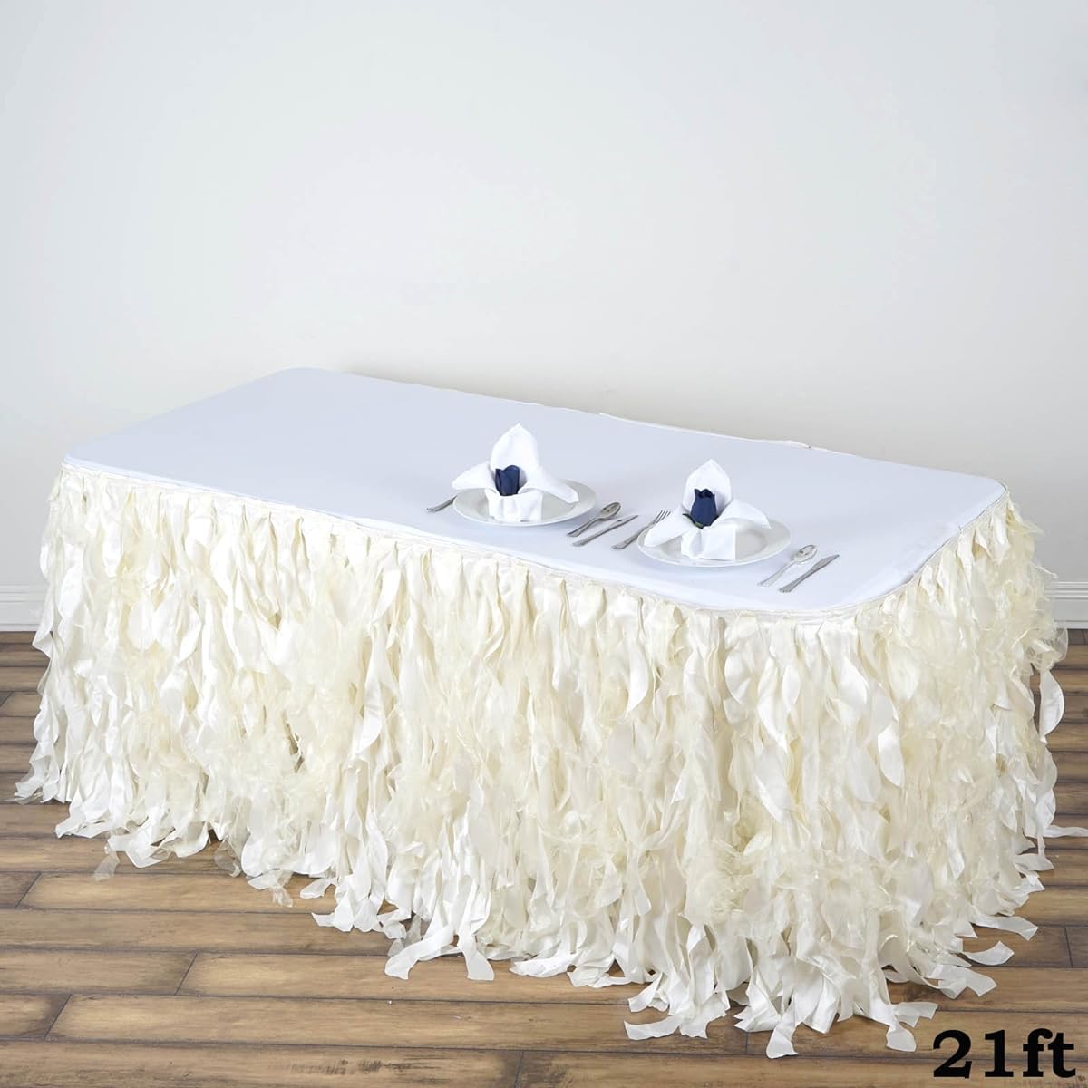 TABLECLOTHSFACTORY 21' Fascinating Curly Willow Taffeta Table Skirt in Ivory