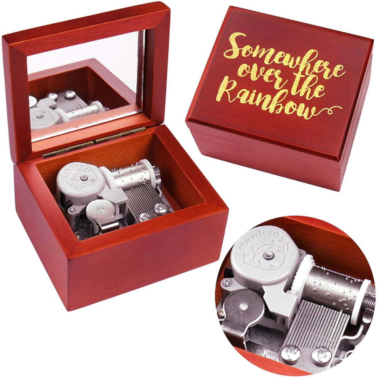 Sinzyo Music Box Carved Wooden Wind Up Music Box Gift for Christmas Birthday Valentine's Day (Red Box Tune: Somewhere)