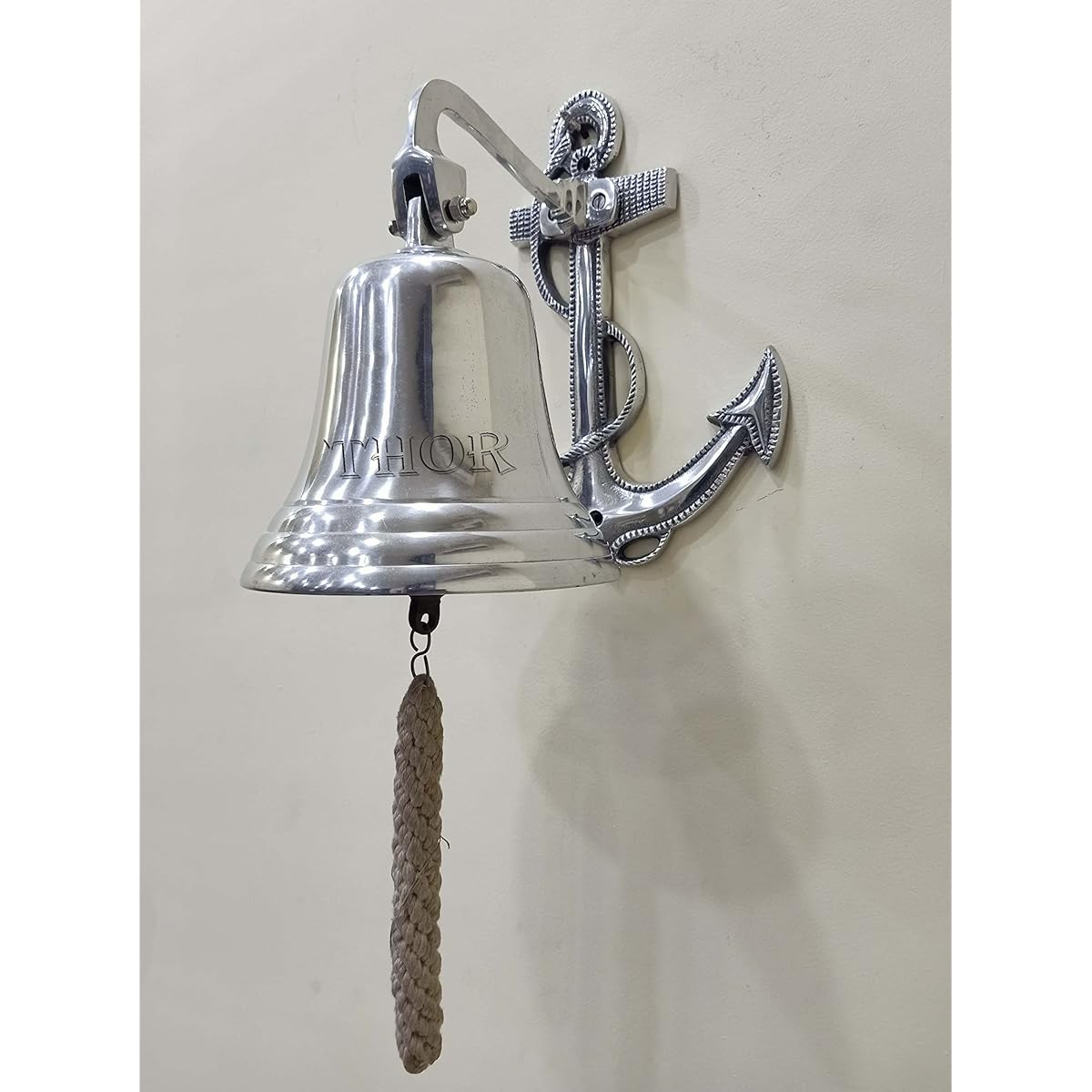 Wall Hanging Ship Bell Dinner Bell Indoor/Outdoor Nautical Decorative Bell with Rope (D-7" H-10" Silver Finish) Halloween Decoration Costume