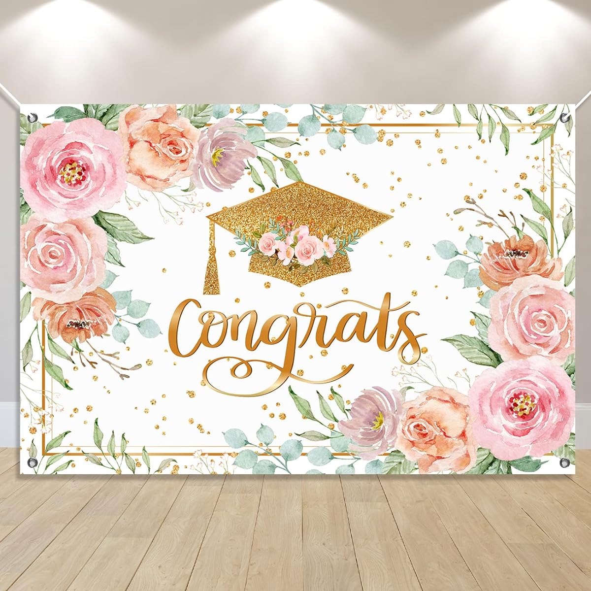 Pink Rose Gold Floral Congratulations Graduation Background Class of 2023 Graduation Celebration Party Floral Gold Dots Background Booth Photo Studio Props Photo Banner Decoration 59"x39"