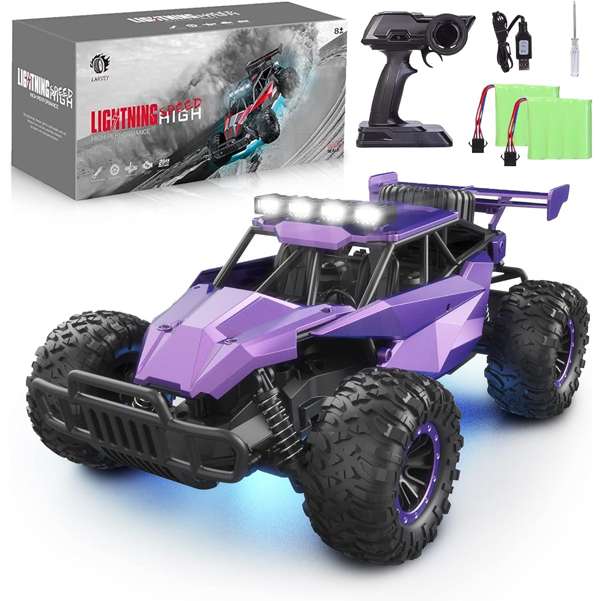 LARVEY 2WD 1:16 Scale Purple Remote Control Car 20Km/h High Speed Girls Remote Control Car Monster Vehicle with LED Headlights and Chassis Lights RC Car for Girls Boys Adults