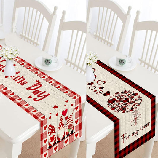 2 Pack Buffalo Plaid Burlap Valentine Table Runner with Heart Tree Lover Gnomes Happy Valentine's Day Roses for Seasonal Anniversary Holiday Kitchen Dining Table Valentine Decorations 13x72 Inch