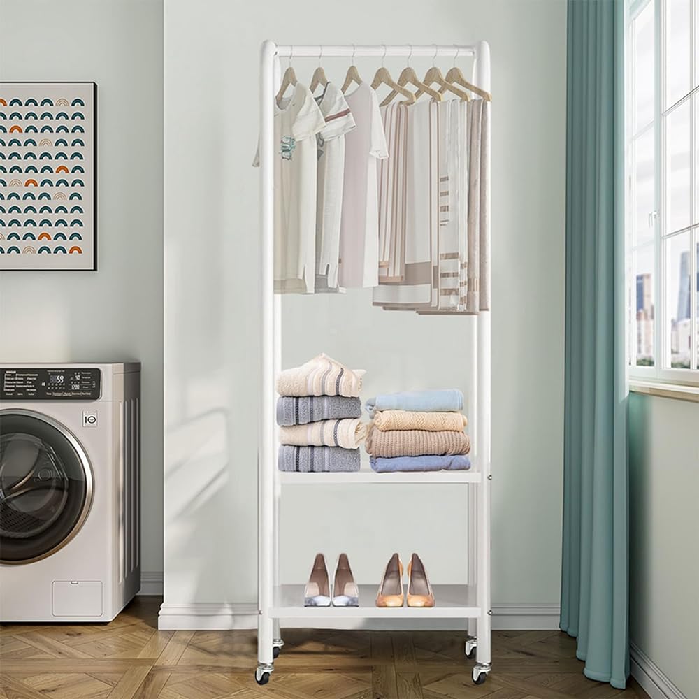Huaniun Hanger Rack, Slim, Sturdy, 2 Tier Shelves with Casters, Clothes Rack, Display Storage, Coat Rack, Clothes Rack, Space Saving, Width 49 x Depth 33 x Height 176 cm, White