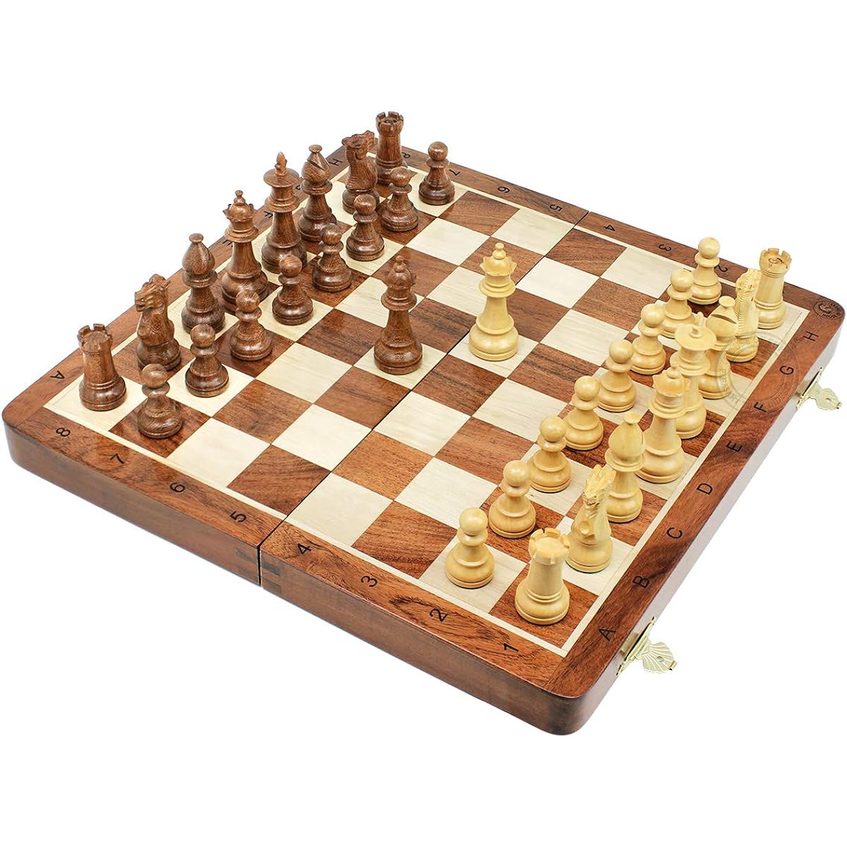 House of Chess - Victorian Staunton Golden Acacia Wood Chess Set - 14" x 14" Wood Folding Chess Board with Algebraic Notation - Wooden Chess Pieces King 3" High + 2 Queens