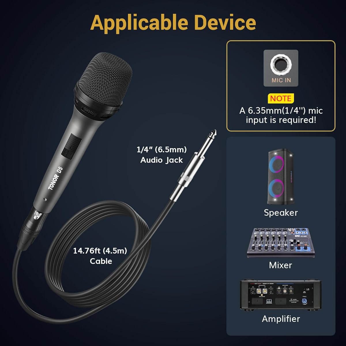 TONOR Professional Vocal Microphone for Singing Dynamic Handheld Wired Karaoke Microphone Cardioid Studio Microphono 5M XLR~1/4 Inch Cable for Speaker/Mixer Machine/Amplifier/Speech/Karaoke/Outdoor
