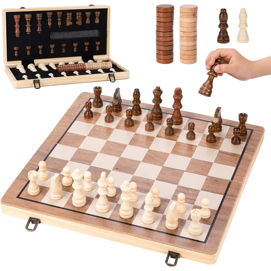 15" Chess and Checkers Game Set - Unique Chess Gift for Kids and Adults. Sturdy wooden pieces, polished wooden board. Chess introduces strategy and problem solving. Family Game Night Activity