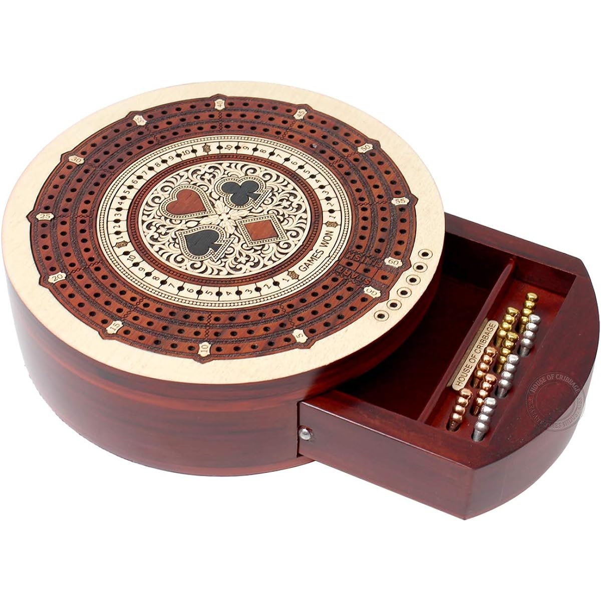 House of Cribbage - Circular 3 Track Non-Continuous Cribbage Board - Push Drawer Storage for Pegs with 1 Deck of Cards and Score Marking Field for Won Games (Maple Wood/Blood Wood)