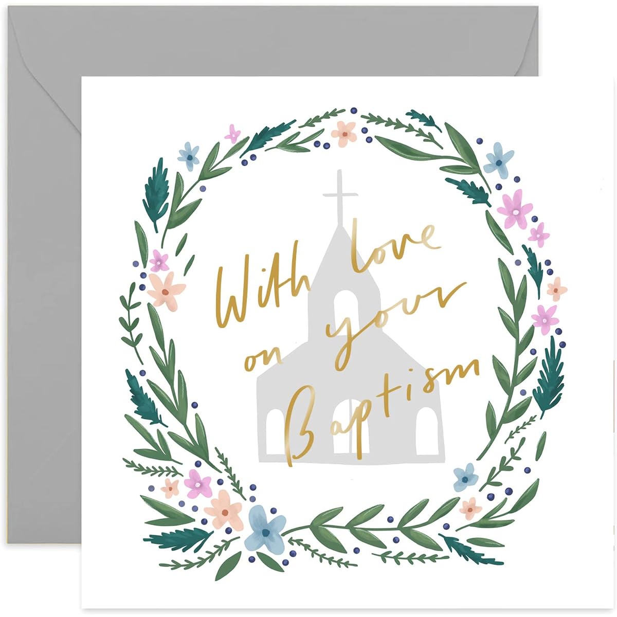 Old English Company Baptism Card - Gold Foil Religious Greeting Card | Blank Inside with Envelope