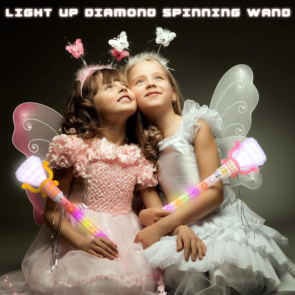 Multicolor Spinner Diamond Wands with LED Handles Magic Light Up Princess Wands Autism Sensory Toys LED Toys Birthday Gifts Party Favors 2 Pack