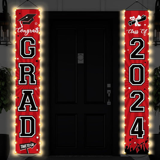 2023 Graduation Banner, Class of 2023 Graduation Celebration Porch Sign Party Decorations Supplies Welcome Hanging Door Decor with LED Light Strip for Indoor Outdoor (Red and Black)