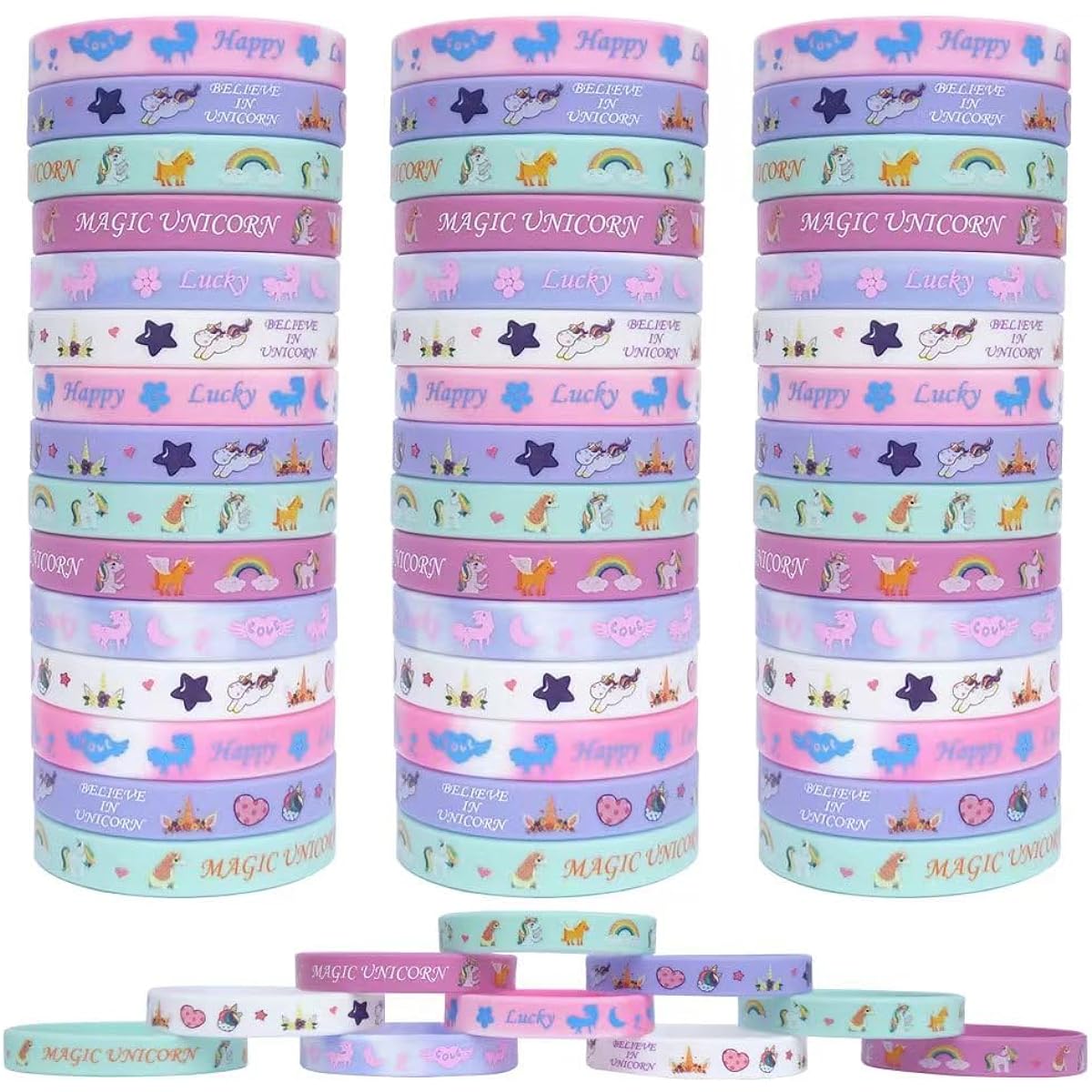 JAKADYUKS 60pcs Unicorn Bracelets Party Favors Birthday Party Supplies Magic Unicorn Theme Party Supplies Silicone Wristbands Goodie Bag Stuffers